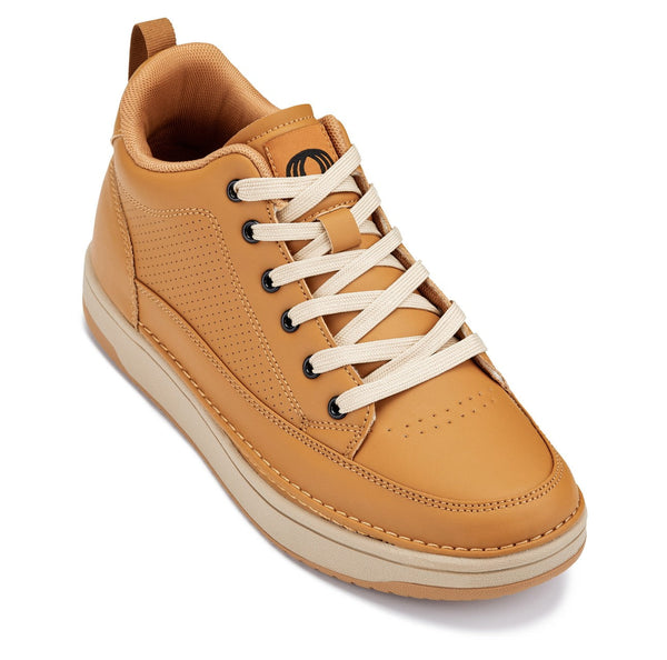 CALTO - Q274  - 2 Inches Taller (Camel Brown & Gum Sole) - Elevated Leatherette Micro-Perforated Sneakers