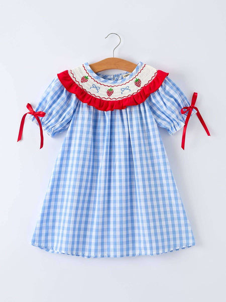 Rylee Faith Designs - Girls Summer Strawberry Bow Embroidered Smocked Dress