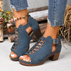 Women's Peep-Toe Block Heel Sandals | Single Strap Buckle Suede Heels in Denim Blue | EU 36–42