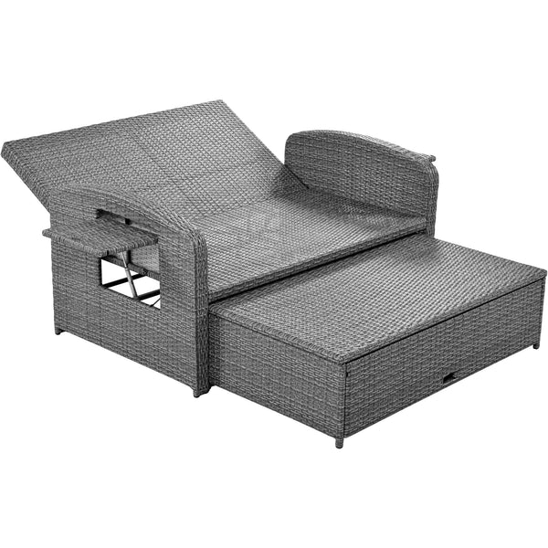 PE Wicker Rattan Double Chaise Lounge, 2-Person Reclining Daybed With Adjustable Back and Cushions, Free Furniture Prote