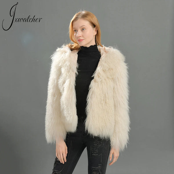 Jxwatcher Winter Coat for Women Real Mongolian Sheep Fur Coats With Hood Fashion Thick Warm Jacket Ladies Fall Natural Fur Coat