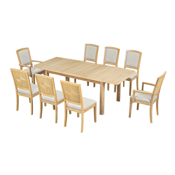 Rustic Extendable 84inch Dining Table Set With 24inch Removable Leaf , 6 Upholstered Armless Dining Chairs and 2 Padded