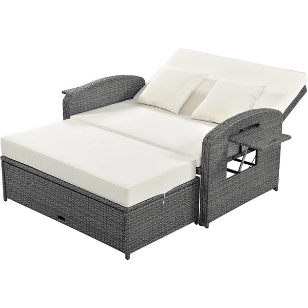 PE Wicker Rattan Double Chaise Lounge, 2-Person Reclining Daybed With Adjustable Back and Cushions, Free Furniture Prote