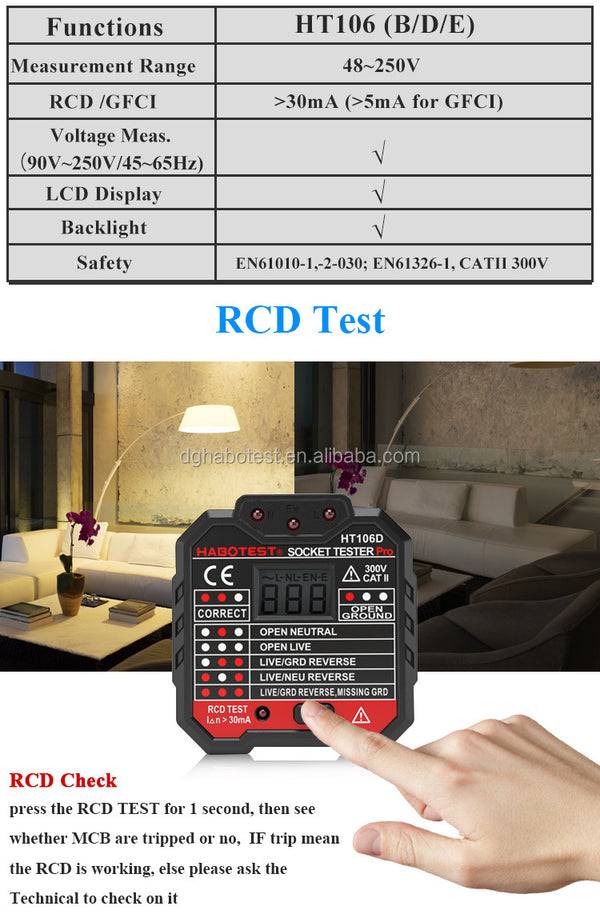 HT106D Socket Tester RCD Test 30mA With Voltage Measurement Tester