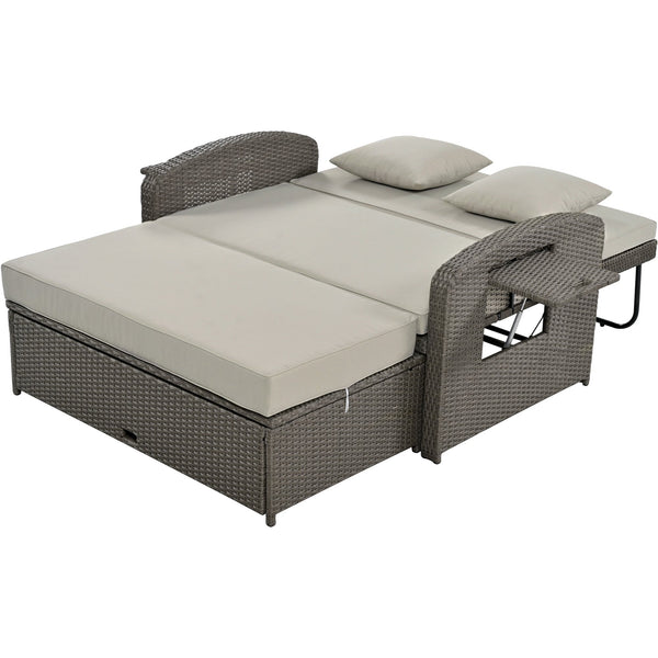 PE Wicker Rattan Double Chaise Lounge, 2-Person Reclining Daybed With Adjustable Back and Cushions, Free Furniture Prote