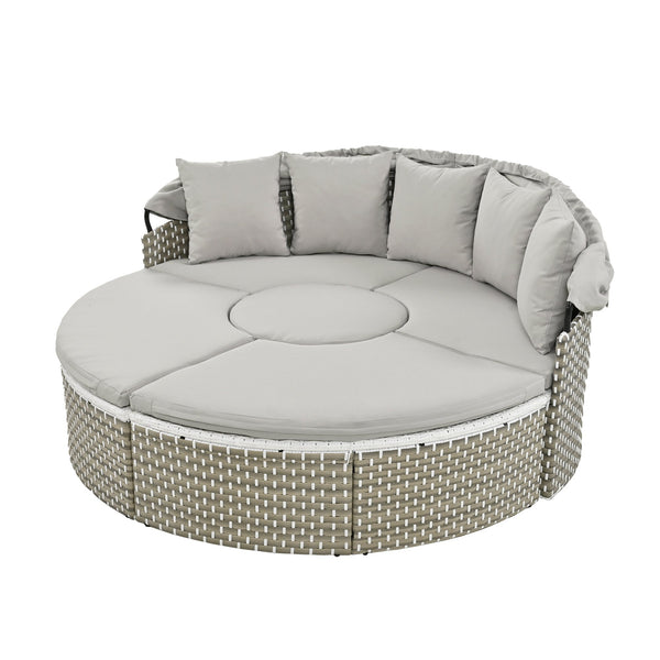 Patio Furniture Round Outdoor Sectional Sofa Set Rattan Daybed Two-Tone Weave Sunbed With Retractable Canopy, Separate S