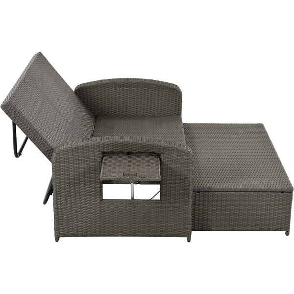 PE Wicker Rattan Double Chaise Lounge, 2-Person Reclining Daybed With Adjustable Back and Cushions, Free Furniture Prote