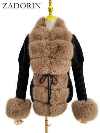 Buy camel-and-black Knitted Sweater Fur Cardigan