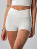 Women's Sculpting Workout Shorts 5 Inch - Beige | Criss-Cross Waistband with Pocket