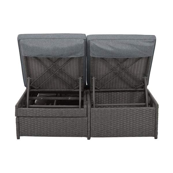 Outdoor Double Sunbed, Wicker Rattan Patio Reclining Chairs With Adjustable Backrest and Seat, Conversational Set for 2