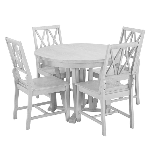 Rustic 5-Piece Extendable Dining Table Set Round Trestle Table and 4 Cross Back Dining Chairs for Kitchen, Dining Room,