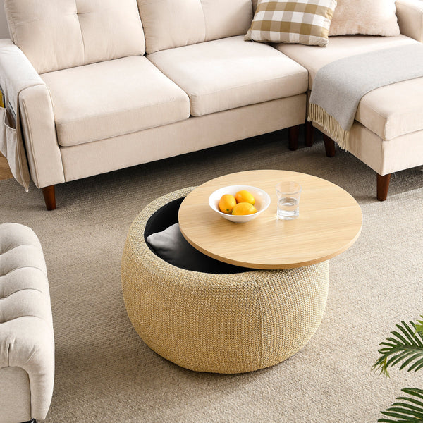 Round Storage Ottoman, 2 in 1 Function, Work as End Table and Ottoman, Natural (25.5"x25.5"x14.5")