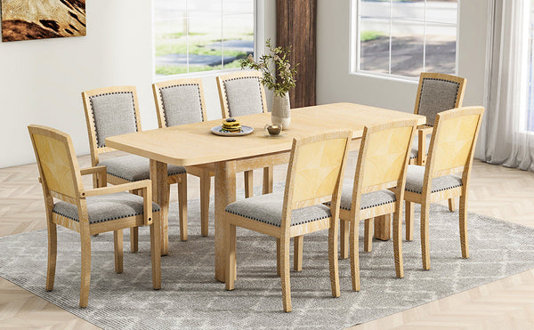 Rustic Extendable 84inch Dining Table Set With 24inch Removable Leaf , 6 Upholstered Armless Dining Chairs and 2 Padded