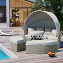 Patio Furniture Round Outdoor Sectional Sofa Set Rattan Daybed Two-Tone Weave Sunbed With Retractable Canopy, Separate S