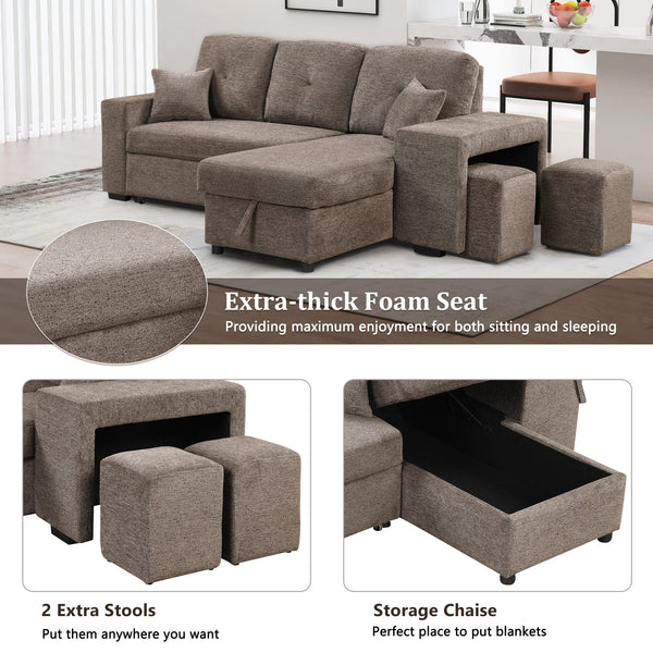 Reversible Sleeper Sectional Sofa Bed With Side Shelf and 2 Stools,Pull-Out L-Shaped Sofa Bed,Corner Sofa-Bed With Stora