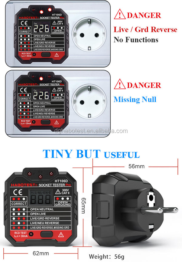 HT106D Socket Tester RCD Test 30mA With Voltage Measurement Tester