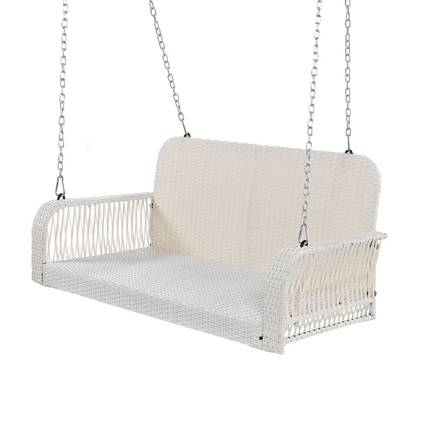 PE Wicker Porch Swing, 2-Seater Hanging Bench With Chains, Patio Furniture Swing for Backyard Garden Poolside, White And