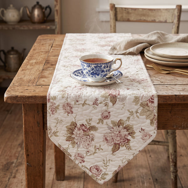 DaDa Bedding Hint of Mint Cottage Floral Roses Quilted Cotton Dining Table Runner (3036)