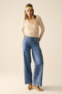 Romantic V-Neck Lace Top With Long Sleeves in Beige
