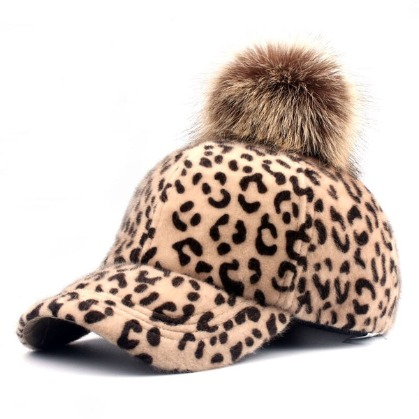 Faux Fur Pompom Ball Leopard Cap