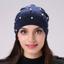 Geebro Brand Women's Beanie Hat Casual Polyester Shine Pearls&Rhinestones Beanies for Women Skull Beanie Hats Bonnet for Female