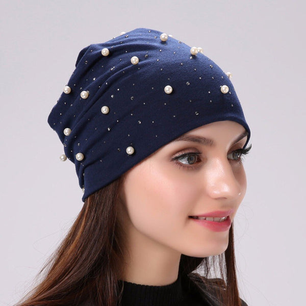 Geebro Brand Women's Beanie Hat Casual Polyester Shine Pearls&Rhinestones Beanies for Women Skull Beanie Hats Bonnet for Female