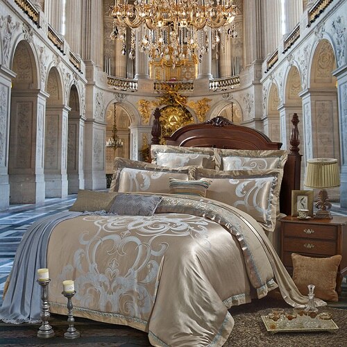 Sliver Gold Luxury Silk Satin Jacquard Duvet Cover Bedding Set