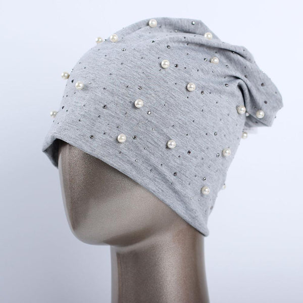 Geebro Brand Women's Beanie Hat Casual Polyester Shine Pearls&Rhinestones Beanies for Women Skull Beanie Hats Bonnet for Female