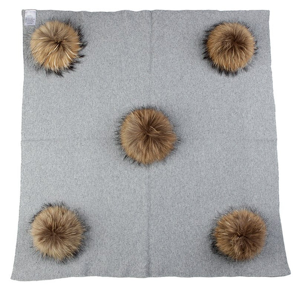 Geebro Newborn Warm Wool Swaddling Blanket With 15cm Real Raccoon Fur Pompom